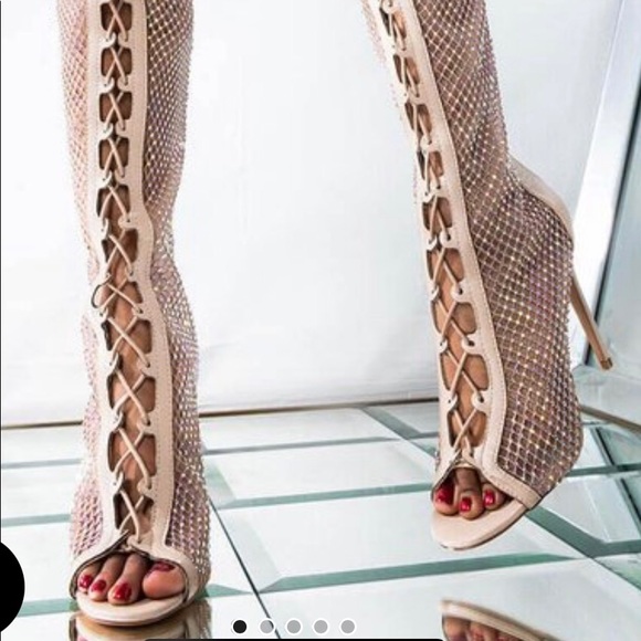 AKIRA Shoes - NWB Over the Knee Nude Rhinestone Boots